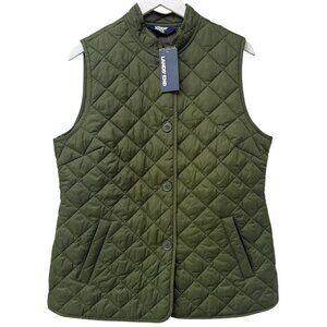 LANDS END Womens Quilted Vest Medium Olive Green Button Front Utility Preppy NWT